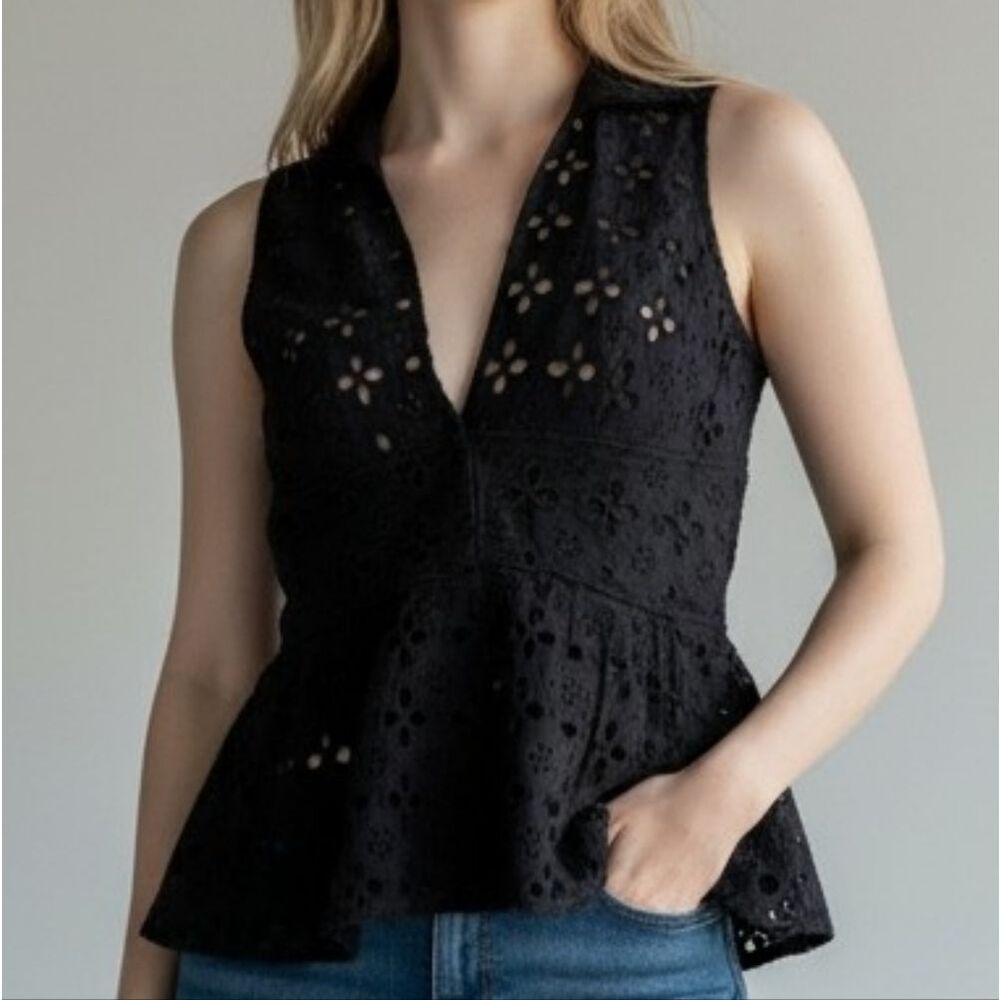 Guess Black Peplum Floral Eyelet Lace Sleeveless Top